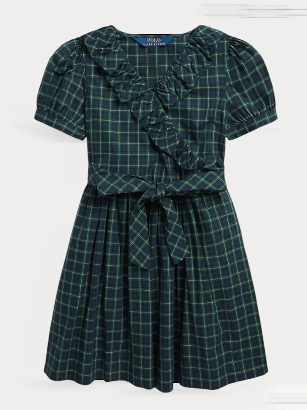Ralph Lauren Blue Label Plaid Ruffled Cotton Wrap Dress Green Blue Girls size 8